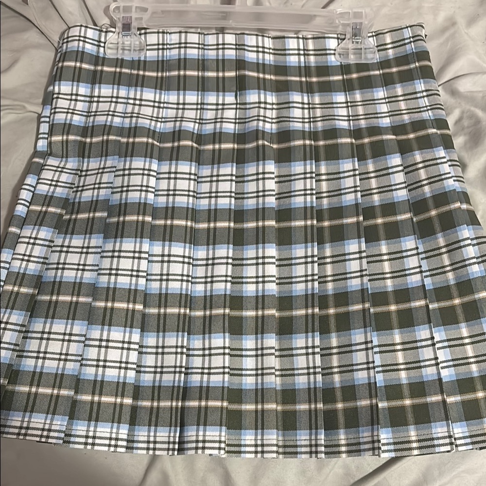 Plaid Pleated Skirt - Green and Blue